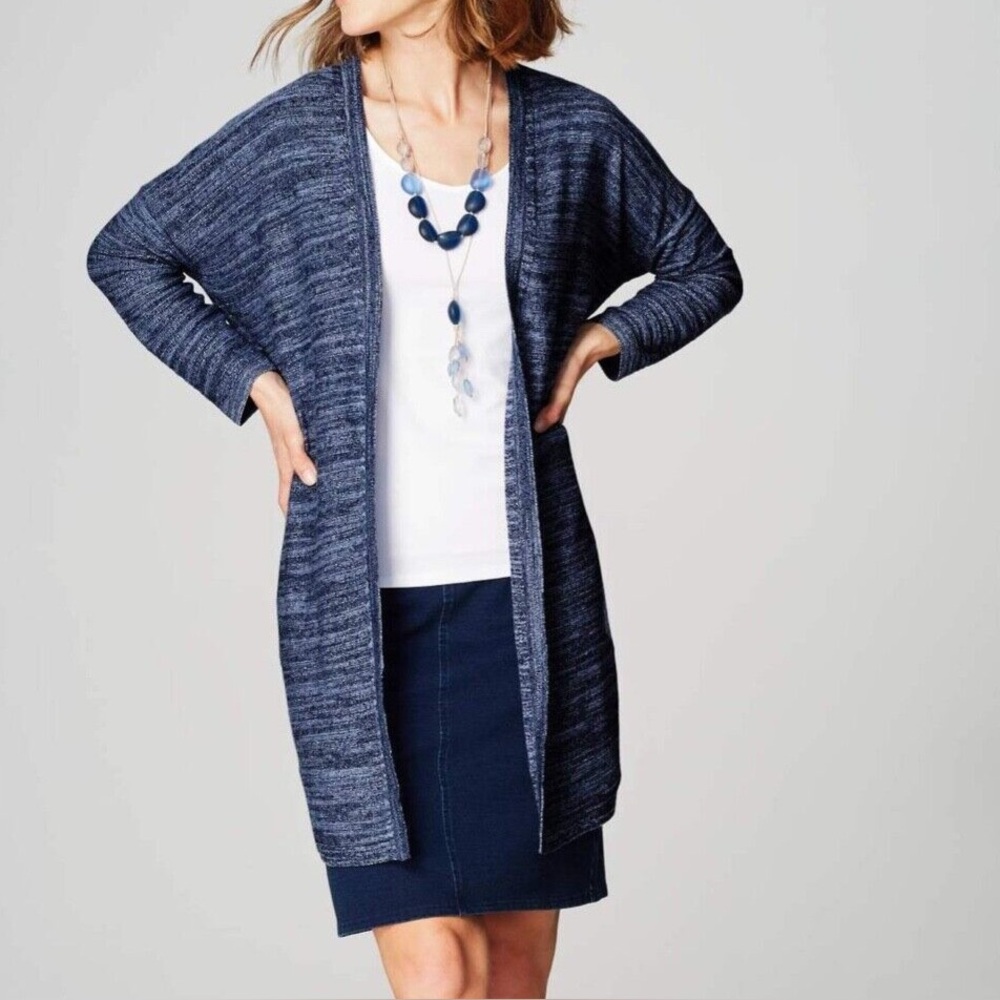 J Jill Purejill Knit Open Front Duster Long Sweater Cardigan Sz XL Petite Blue